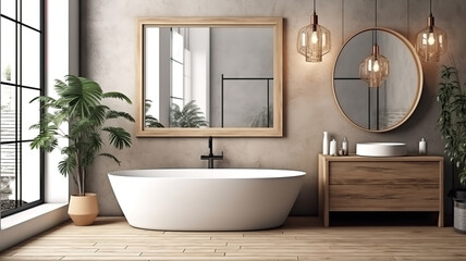 Frame mockup in rustic villa bathroom interior background, 3d render. Generative Ai