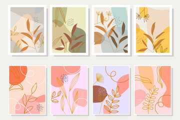 Set of trendy poster pastel color with leaves, flowers, shapes in flat vector illustration.