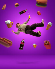 Fast food. Contemporary art collage with adult overweight man levitating among junk meal, beer,...