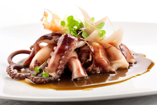 Adobong Pusit - a squid dish cooked in the classic adobo style, AI generative image, Philippine food. AI generative. Asian Filipino dish, food from Philippines