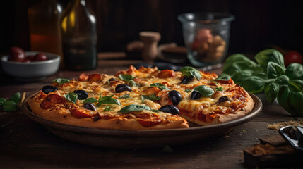 Obraz na płótnie Canvas Macro Photo Mediterranean Pizza On Stone Rustic Pub. Generative AI
