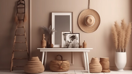 Mock up frame in home interior background, beige room in Scandi-Boho style. Generative Ai