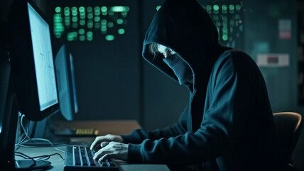 In the concept of data internet security hacking, a hacker man terrorist uses a computer virus to attack a server network system online.   The Generative AI