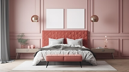 Mockup poster frame in bedroom, Scandinavian style. Generative Ai