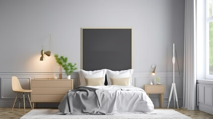 Picture frame mockup psd in a bright and clean modern bedroom. Generative Ai