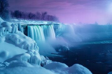 A frozen waterfall in the middle of the night. AI generative.