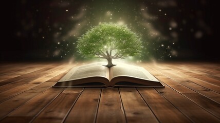 Open book on wooden deck with enchanted green tree and light beams. Illustrational and generative.  Generative Ai