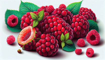 Bunch of Fresh Raspberry Fruit on White Background AI Generative