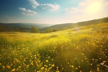 Spring flowers meadow background, sunshine, field, hills. Genarative ai.