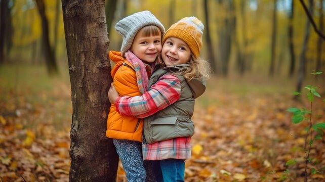 A little girl is cuddling her younger brother while grinning sweetly and enjoying herself amid a vibrant fall oak woodland. The Generative AI