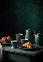 Obraz na płótnie Canvas Fragrant croissants and green coffee cups on the table, green and gray lighting. Generative ai.