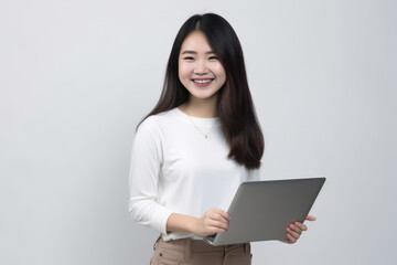 Portrait of a beautiful asian woman using laptop computer on white background, Generative AI