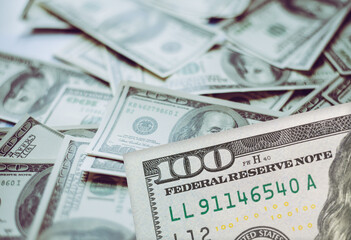 Dollar banknotes as background. Exchange rate concept, stack of dollars, federal reserve note,