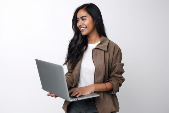 Portrait of a smiling young woman using laptop computer while standing against white background, Generative AI