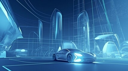 Future technology, such as digital metaverse automobiles, futuristic buildings, and virtual reality. GENERATE AI