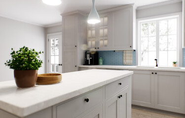 Spacious bright kitchen with a blue apron and blue chairs. 3d rendering.