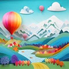Fototapeta na wymiar Abstract colorful paper art illustration of hot air balloons over mountains in the sky - Generative AI