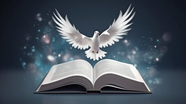 Abstract image of the Holy Bible with a book open and a bird soaring. Christianity, faith, and religion. GENERATE AI