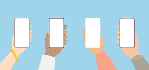 Hands of women and men with racial diversity holding smartphones with blank screen vertically flat design vector set