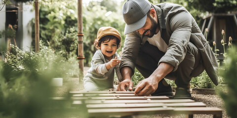 Obraz na płótnie Canvas Vater spielt mit Kind im Garten KI