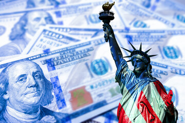 USA economy. Financial. Franklin's portrait next to statue of liberty. Statue of Liberty is painted...