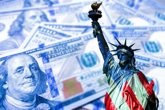USA economy. Financial. Franklin's portrait next to statue of liberty. Statue of Liberty is painted in colors of the USA flag. Federal Reserve System of America. Concept - financial forecast for USA