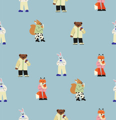 Seamless pattern with Anthropomorphic  animal characters with phones. Bunny, fox, squirrel and bear