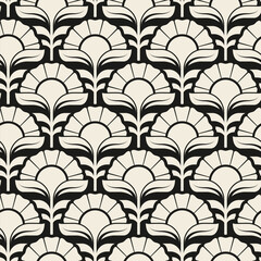Seamless abstract floral pattern with large white stylized flowers on a black background. Elegant and simple Japanese style design. Vector illustration.