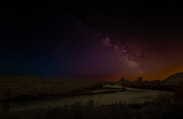 Night sky view with Stakna monastery on the Banks of the Mighty Indus River in Ladakh, India