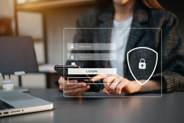 Cyber security concept, Login, User, identification information security and encryption, secure access to user's personal information woman using smart phone and tablet