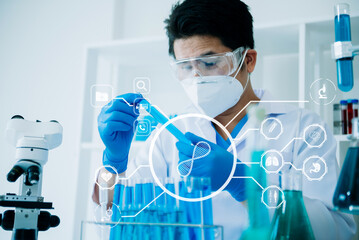DNA molecule testing concepts. The doctor in a mask examines DNA molecules on the chemical...