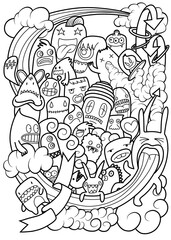 Hand-drawn illustrations, monsters doodle, Hand Drawn cartoon monster illustration,Cartoon crowd doodle hand-drawn Doodle style.black and white stripes coloring  book.