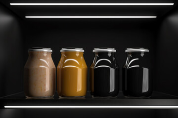 mockup glass bottles with sauces in the refriger, generativ ai