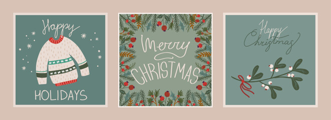 Fototapeta na wymiar Set of christmas and new year cards with hand drawn illustrations of christmas symbols in retro style
