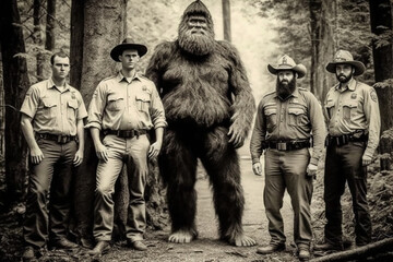 Aged historical photograph with a group of Forest Rangers and a Sasquatch