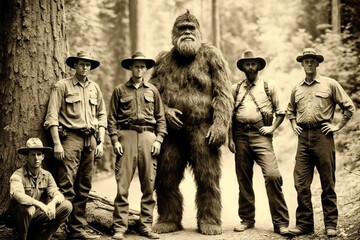 Aged historical photograph with a group of Forest Rangers and a Sasquatch.