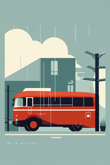Bus, public transport in modern city, Bauhaus style background, 20s geometric design, AI generative digital art.