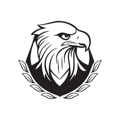 A black and white eagle head with a laurel wreath.