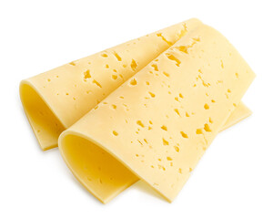 Two slices of folded Swiss cheese on white background