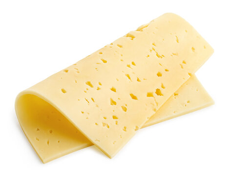 One folded slice of Swiss tilsiter cheese isolated on white background