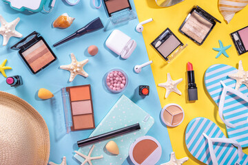 Summer make-up cosmetics flat lay, Vacation, Holiday shopping sale make up.Shadows, lipstick, mascara, face powder, blush, with summer accessories, starfish, shells