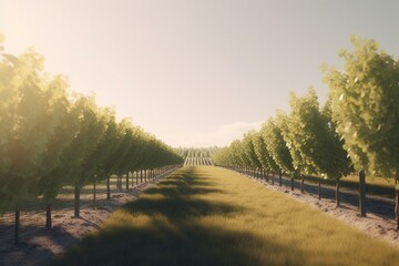 A minimalist landscape with a scenic vineyard or orchard, Generative AI