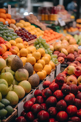 Fruit market with various colorful fresh fruits and vegetables. AI generated
