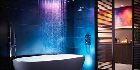 A luxurious bathroom featuring a soaking tub and rainfall shower surrounded by a wall of cascading water, creating a dramatic and invigorating atmosphere