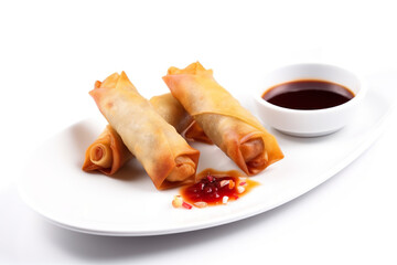 Lumpia - spring roll filled with vegetables and meat, served with sweet and sour sauce, AI generative dish from Philippines, Filipino dish.
