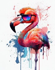Watercolor Flamingo with Sun Glasses Illustration Isolated on White Background. Colorful Digital Animal Art 