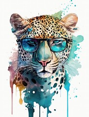 Watercolor Jaguar with Sun Glasses Illustration Isolated on White Background. Colorful Digital Animal Art