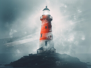 Lighthouse with thick fog all around. Generative AI.