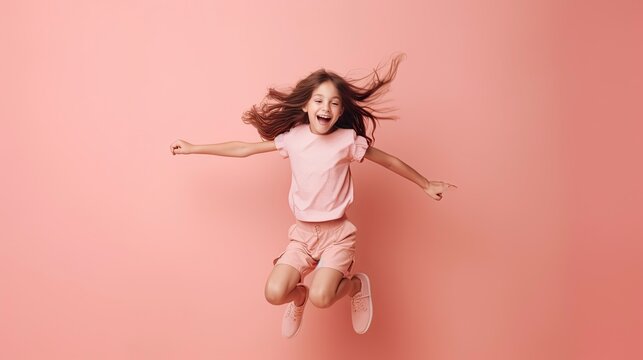 Girl in pink dress jumping on pink background illustration generated by AI