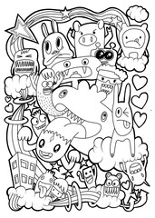 Hand-drawn illustrations, monsters doodle, Hand Drawn cartoon monster illustration,Cartoon crowd doodle hand-drawn Doodle style.black and white stripes coloring  book.